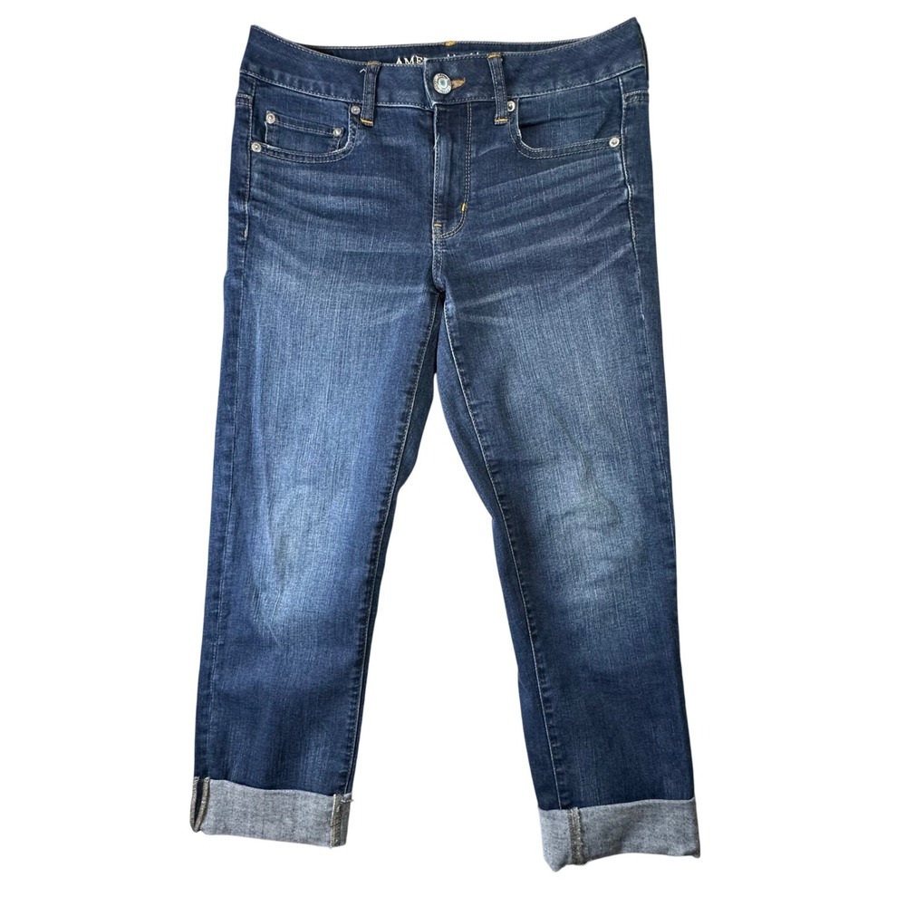 American Eagle Straight Crop Jeans Super Stretch Dark Wash Cuffed Sz 6 Long Blue